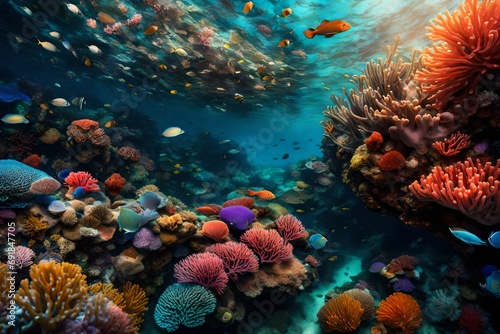 A majestic  vibrant coral reef bustling with an array of marine life beneath the shimmering surface of the sea.