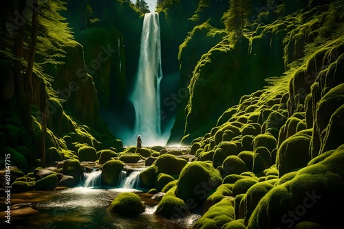 Sun-kissed waterfalls descending through a canvas of verdant, moss-covered mountain slopes in perfect harmony.