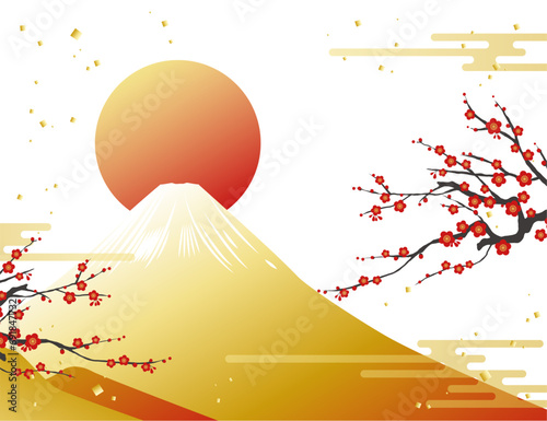 富士山と日の出と紅梅のイラスト素材 ベクター 梅 年賀 白背景