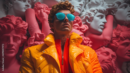 Portrait of a young man in a yellow feathered jacket with blue sunglasses with antique statues in the background.