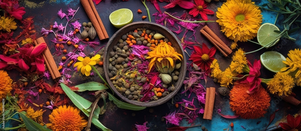 background of a vibrant garden, colorful flowers bloomed alongside native Indian plants, adding a touch of natural beauty to the gourmet cooking experience. The red-hued petals and aromatic herbs