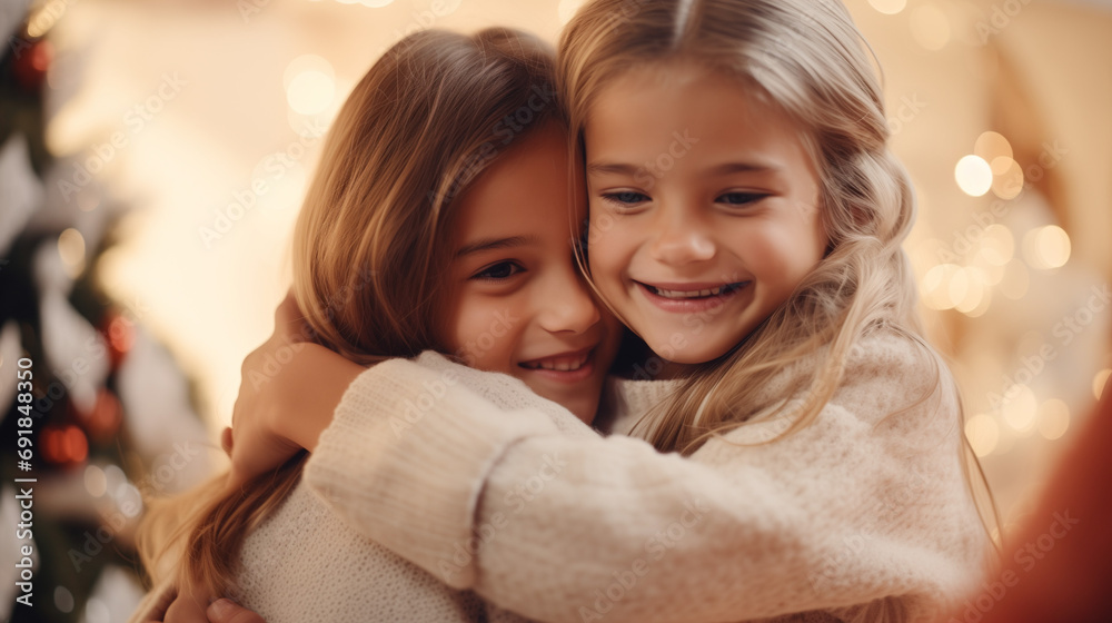 Fototapeta premium Two girls are hugging at a christmas party. Christmas concept. Holidays, celebration and people concept.