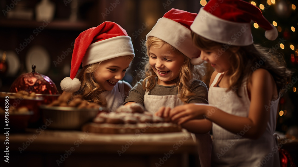Happy cute children baking christmas cookies together. Happy cute children baking christmas cookies together.