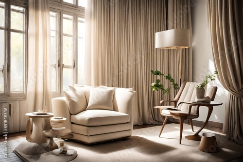 A serene corner of a living room  featuring a cozy cream-colored armchair set beside a large window adorned with billowy curtains  inviting relaxation and contemplation.