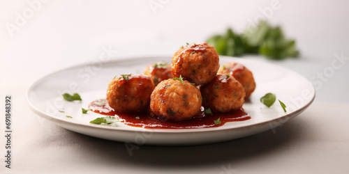 fish meatballs with tomato sauce plate in white background, closeup photo