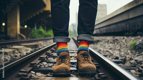 Man standing on train track, low angle closeup detail on his shoes and socks in the colors of the rainbow, above ground. © Natasa