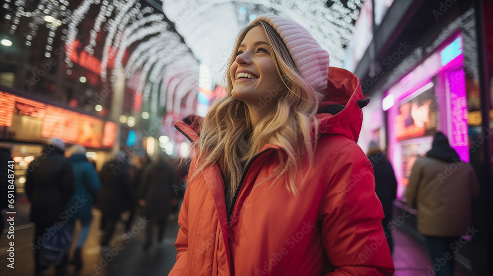 Smiling young woman in warm clothes in city street background. Holidays, christmas, winter and people concept. 