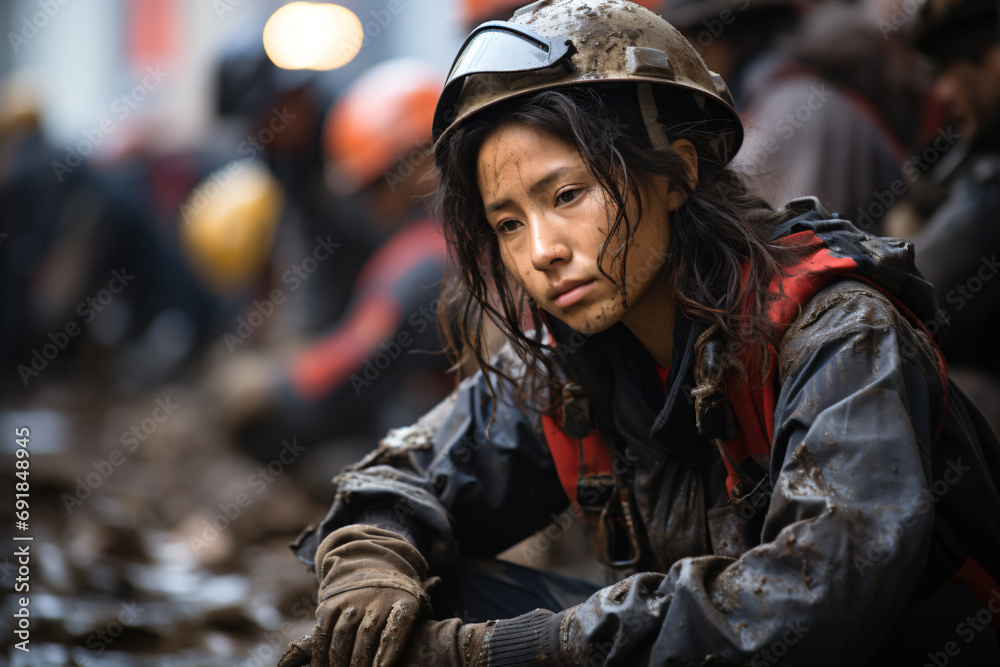 young female firefighter rescue team member wearing uniform with eyes full of tears, tired young female firefighter rescue team member wearing uniform with eyes full of tears, tired