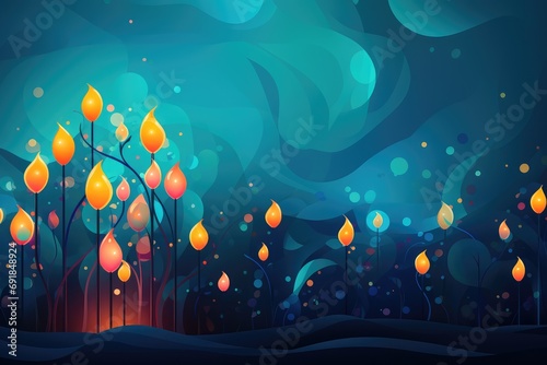 Night forest background with tree and fire. Abstract blue background with candles for candlemas or epiphany season. photo