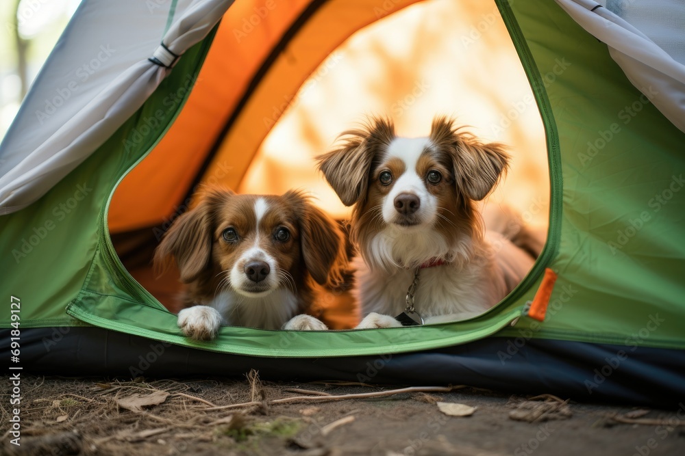 Φωτογραφία Two dogs sitting inside the tent and peeking out through the entrance to the tent