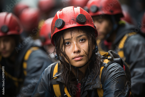 young female firefighter rescue team member wearing uniform with eyes full of tears, tired