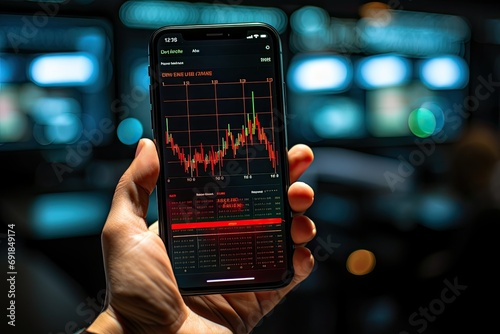 Hand of man holding mobile phone. A graph or chart, stock market or financial information is displayed on the screen.