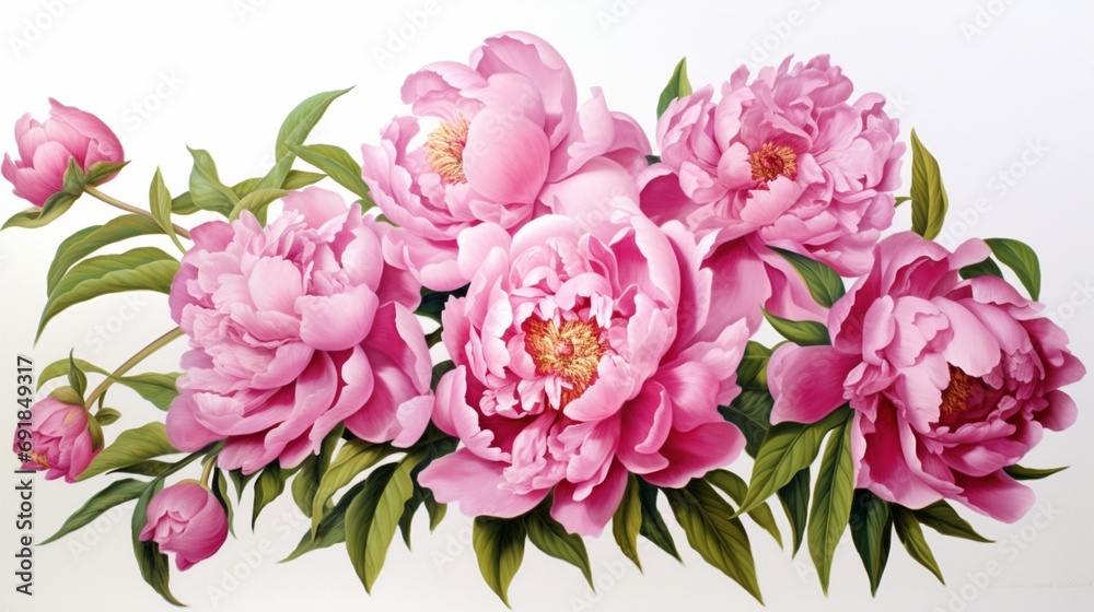 pink peonies in full bloom, their soft petals forming an exquisite and romantic floral arrangement against a clean white background.