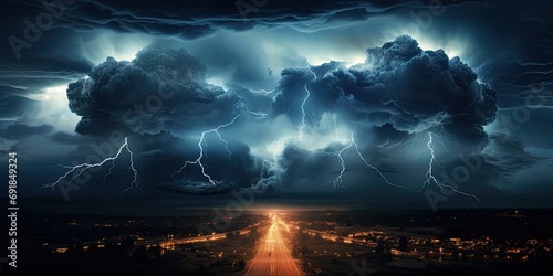 A stormy journey on a dark highway, lightning illuminates the dramatic landscape.