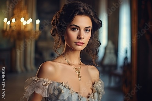 In a glamorous ballroom, a stylish and beautiful model with a fashionable hairstyle, elegant jewelry, and a stunning dress exudes sophistication and allure.
