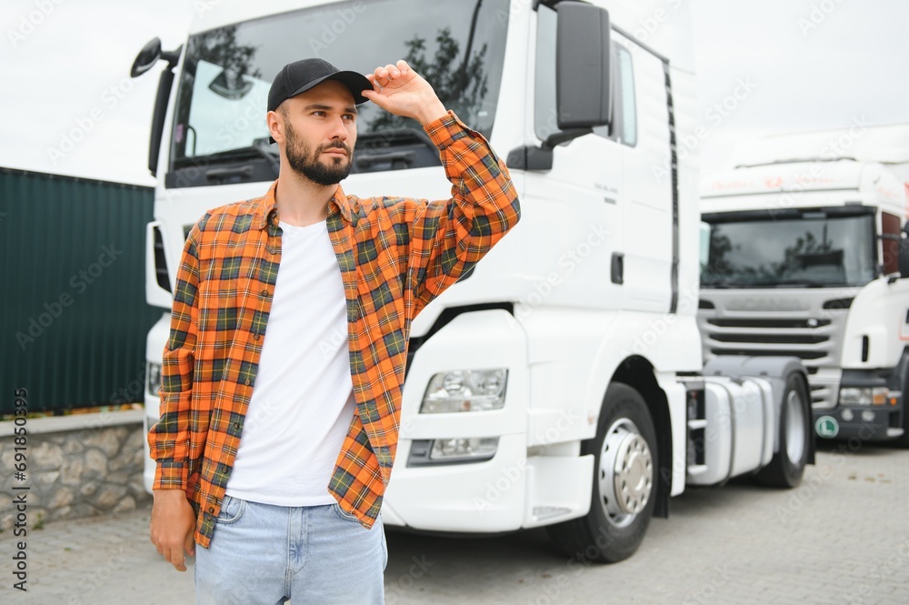 Portrait of young bearded trucker standing by his truck vehicle. Transportation service. Truck driver job Portrait of young bearded trucker standing by his truck vehicle. Transportation service. Truck driver job