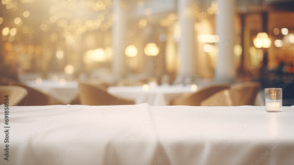 Empty product placement mockup of a white linen-covered table in a luxurious restaurant, with folded napkins and a blurred warm, inviting background, perfect for dining ambiance. - obrazy, fototapety, plakaty 