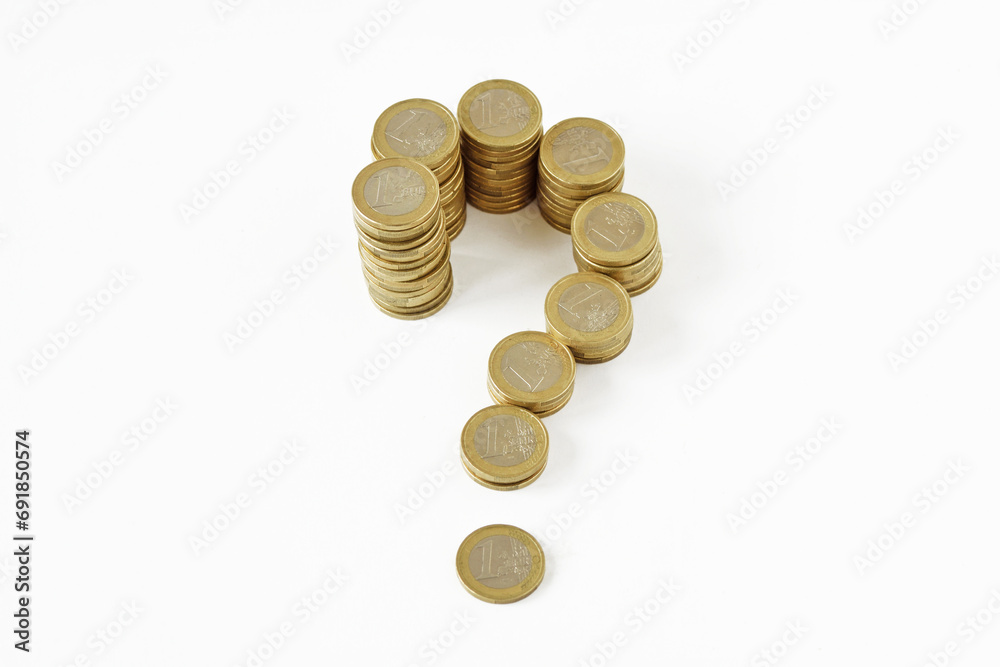 Question mark made of euro coins stack on white background - Concept of money, uncertainty and financial issues Question mark made of euro coins stack on white background - Concept of money, uncertainty and financial issues