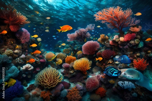 A majestic, vibrant coral reef bustling with an array of marine life beneath the shimmering surface of the sea. © LOVE ALLAH LOVE