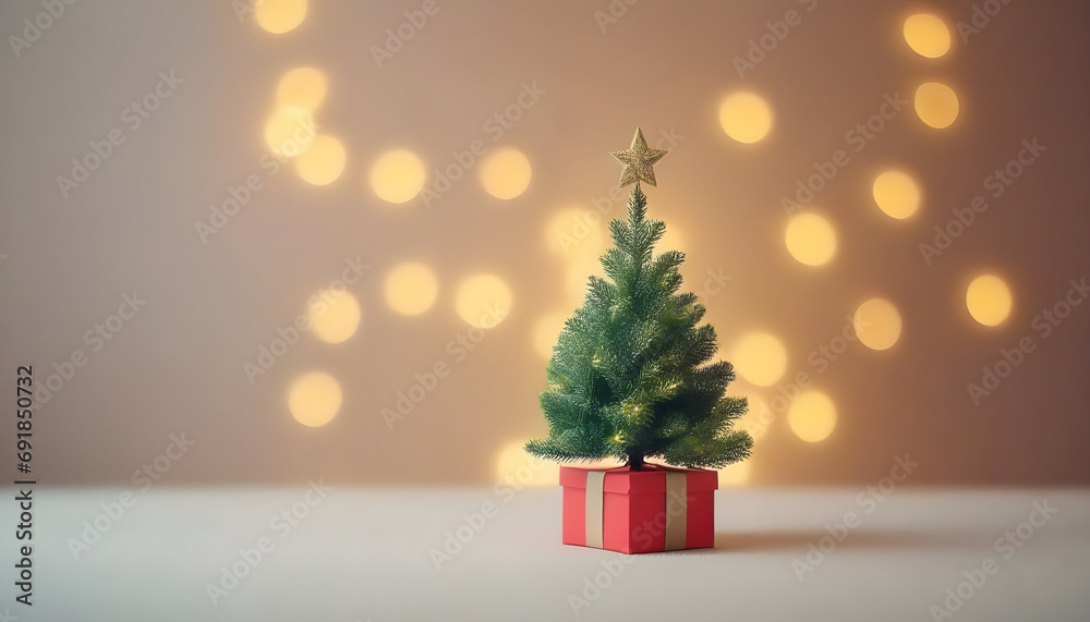 small christmas tree with gifts in warm background 