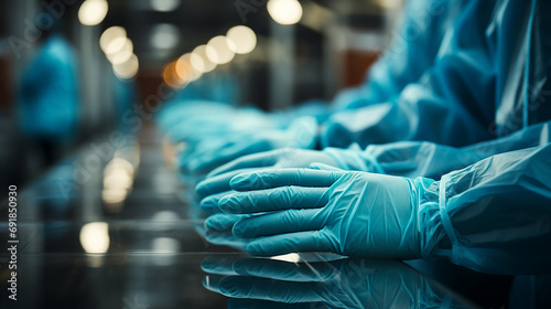 Close-up of some. hands with gloves after washing in the operating room photo