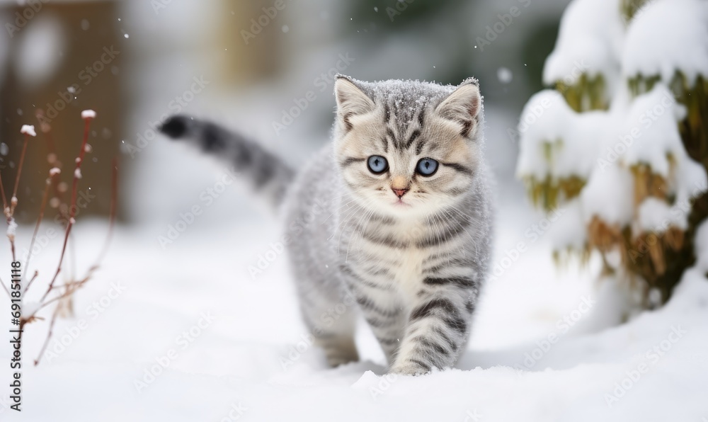 A Serene Winter Scene: Majestic Feline Strolling Amidst a Snowy Backyard