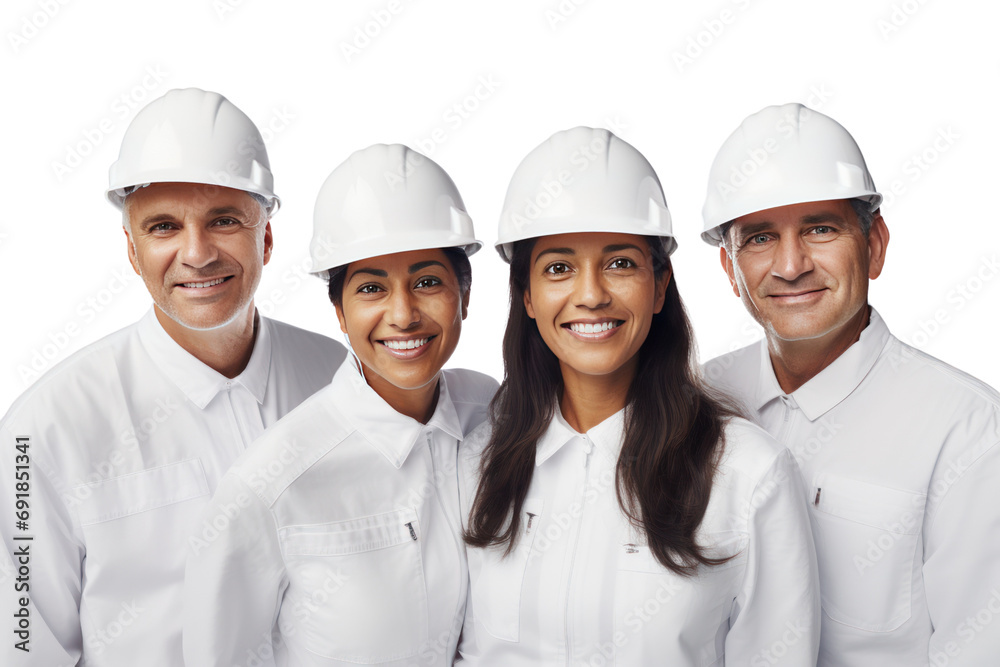 A diverse team of happy experts wear white hats. Isolated on transparent background PNG file. A diverse team of happy experts wear white hats. Isolated on transparent background PNG file.