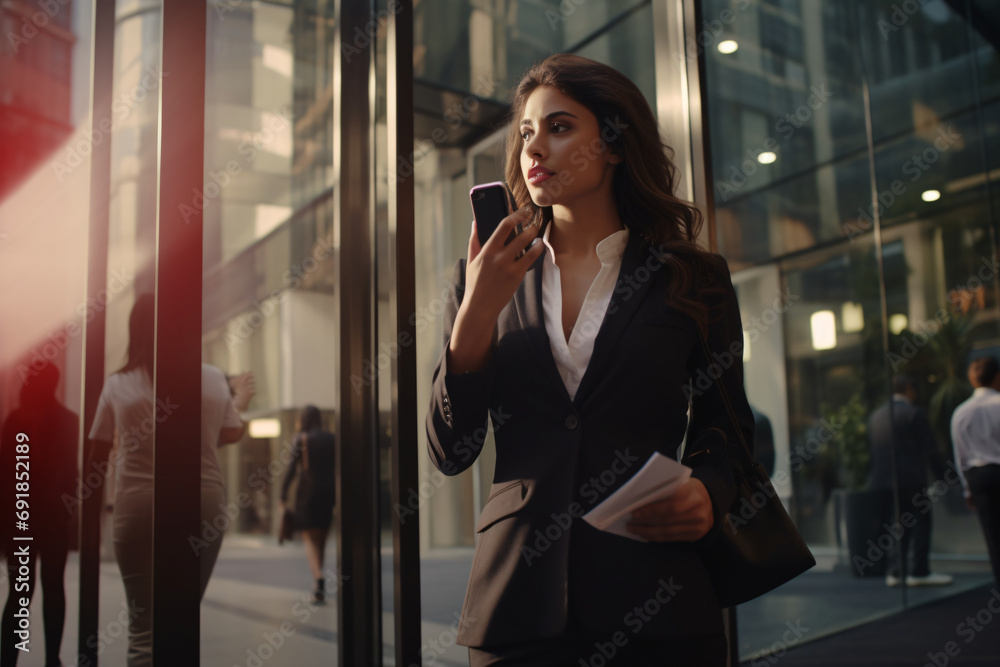 A businesswoman talking on the phone in front of the office building A businesswoman talking on the phone in front of the office building