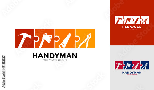 Handyman service puzzle house logo vector template. Suitable for business, building and tool symbol	
