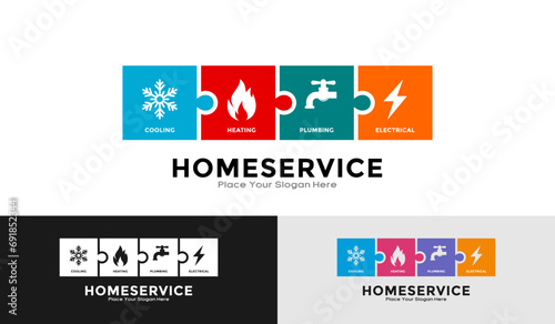Home service cooling, heating, plumbing, electrical puzzle set logo vector design