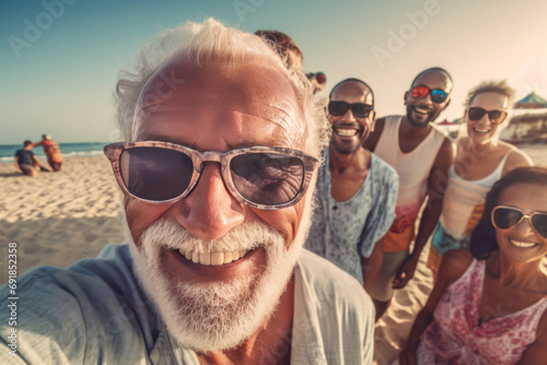 Senior friends having fun on the beach photo