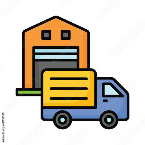 Delivery van front of warehouse showing concept icon of logistics delivery, order fulfillment vector design