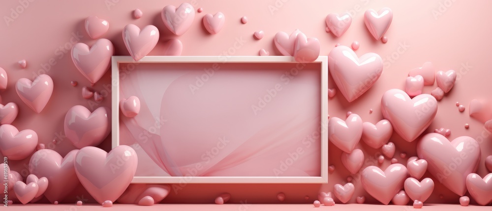 pink valentine's day background With a beautiful heart shape love concept In the Valentine's Day festival happy holiday Copy space panoramic background. Generative AI. pink valentine's day background With a beautiful heart shape love concept In the Valentine's Day festival happy holiday Copy space panoramic background. Generative AI.