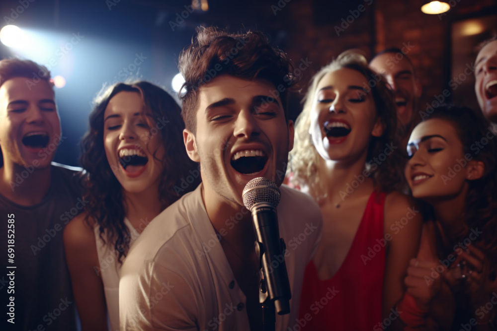 A group of friends singing at a karaoke bar, joyous atmosphere - obrazy, fototapety, plakaty 