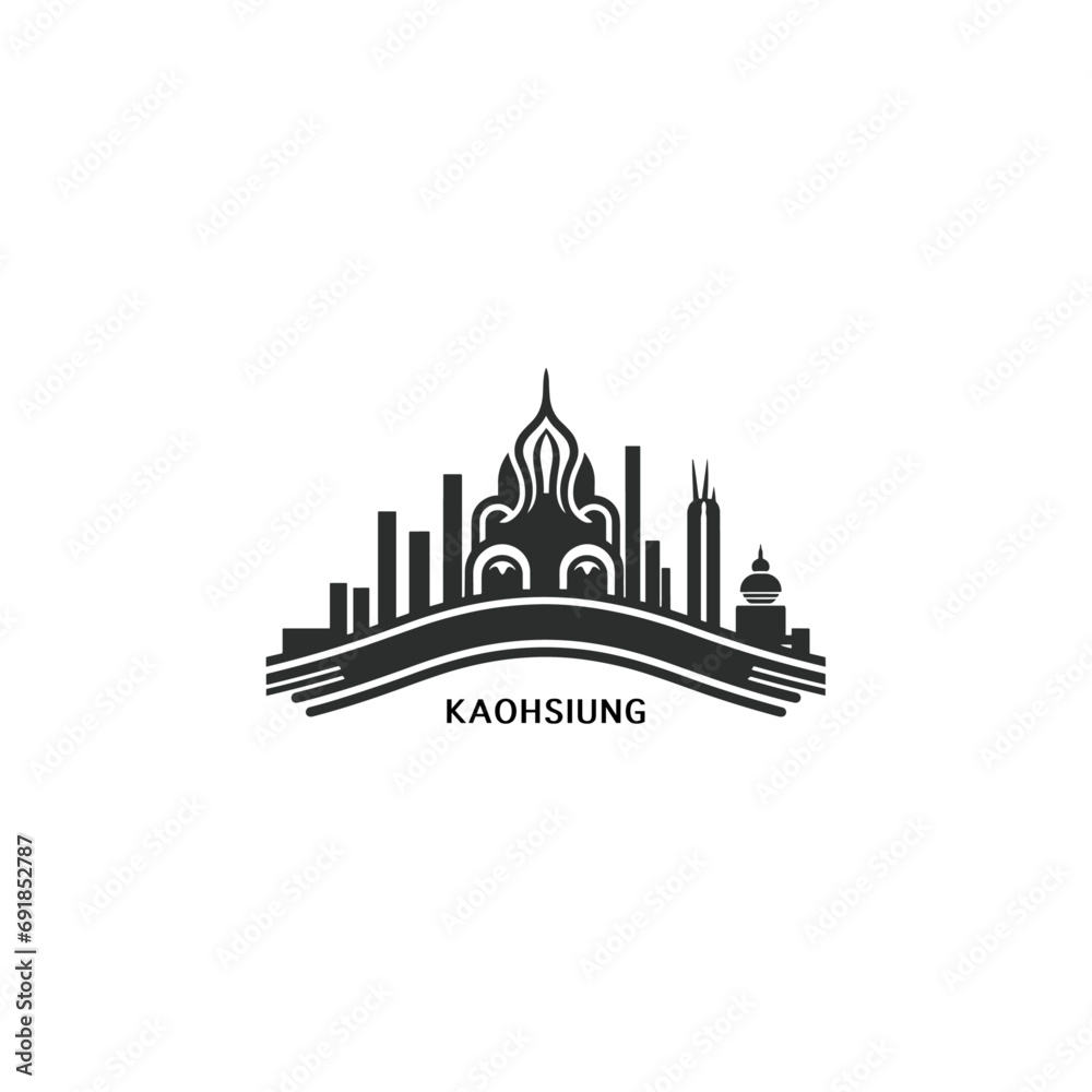 Kaohsiung cityscape skyline city panorama vector flat modern logo icon. Taiwan emblem idea with landmarks and building silhouettes. Isolated graphic