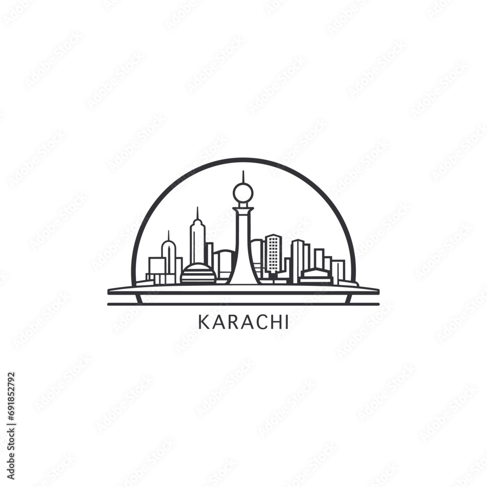Karachi cityscape skyline city panorama vector flat modern logo icon. Pakistan region emblem idea with landmarks and building silhouettes. Isolated graphic