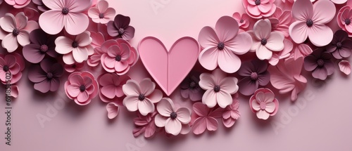pink valentine s day background With a beautiful heart shape love concept In the Valentine s Day festival happy holiday Copy space panoramic background. Generative AI.