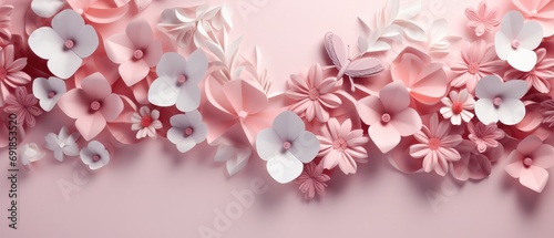 pink valentine's day background With a beautiful heart shape love concept In the Valentine's Day festival happy holiday Copy space panoramic background. Generative AI. © Mom