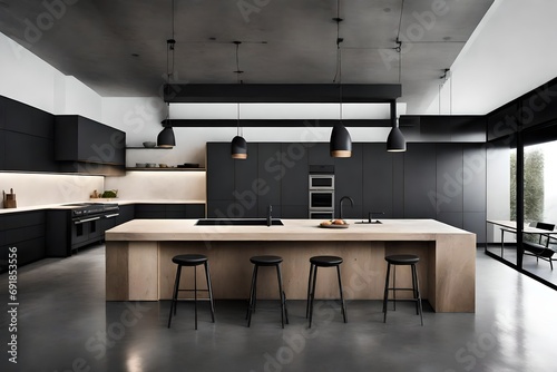 A minimalist kitchen with monochromatic tones, concrete floors, and a seamless blend of modern appliances.