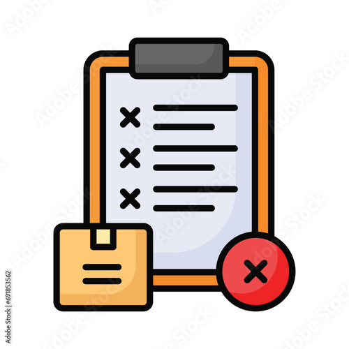 Parcel with cross sign and clipboard showing concept icon of rejected order