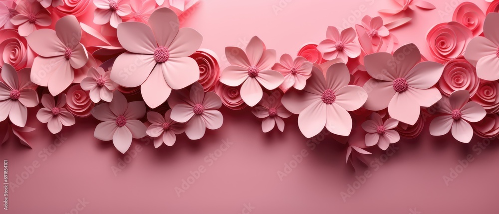 pink valentine's day background With a beautiful heart shape love concept In the Valentine's Day festival happy holiday Copy space panoramic background. Generative AI.