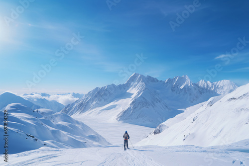 A dynamic skier skiing downhill through fresh snow © Dennis