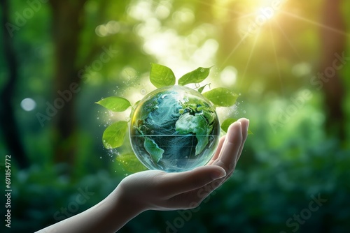 Hands protecting globe of green tree on tropical nature summer background, Ecology and Environment concept, Generative AI