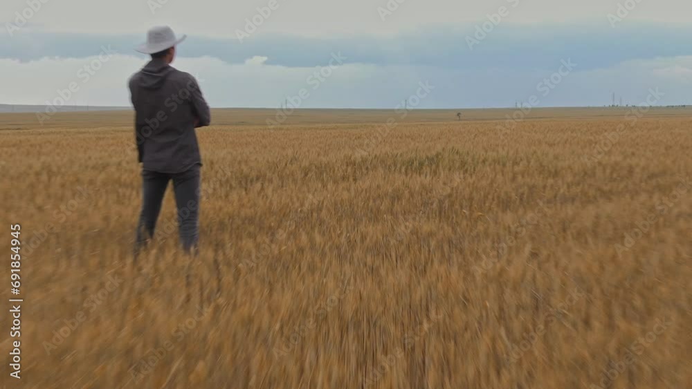Aerial view and movement over a field of ripe wheat in which a farmer in a white hat stands and looks at the approaching thunderstorm. Agronomy and agriculture Aerial view and movement over a field of ripe wheat in which a farmer in a white hat stands and looks at the approaching thunderstorm. Agronomy and agriculture