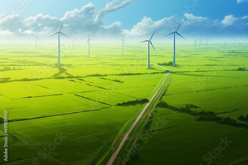 Landscape with Turbine Green Energy Electricity, Windmill for electric power production, Wind turbines generating electricity on rice field at Phan Rang, Ninh Thuan, Vietnam. Generative AI photo