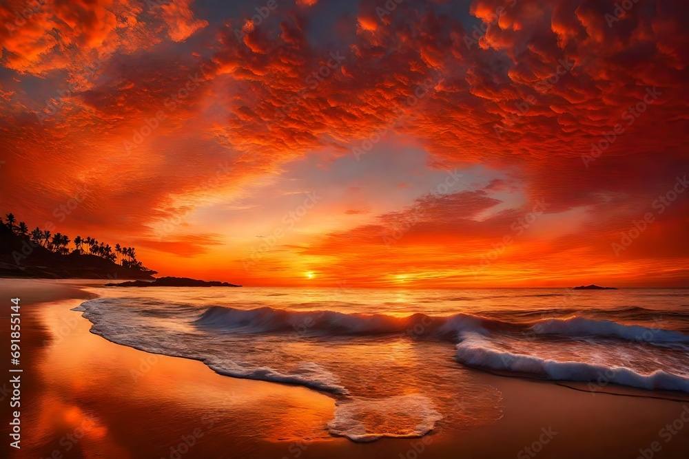 A stunning, fiery sunset painting the sky and casting warm hues over a calm, pristine beach.