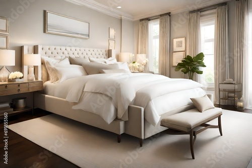 A serene bedroom with a white upholstered headboard, cream-colored bedding, and soft ambient lighting for a tranquil retreat.