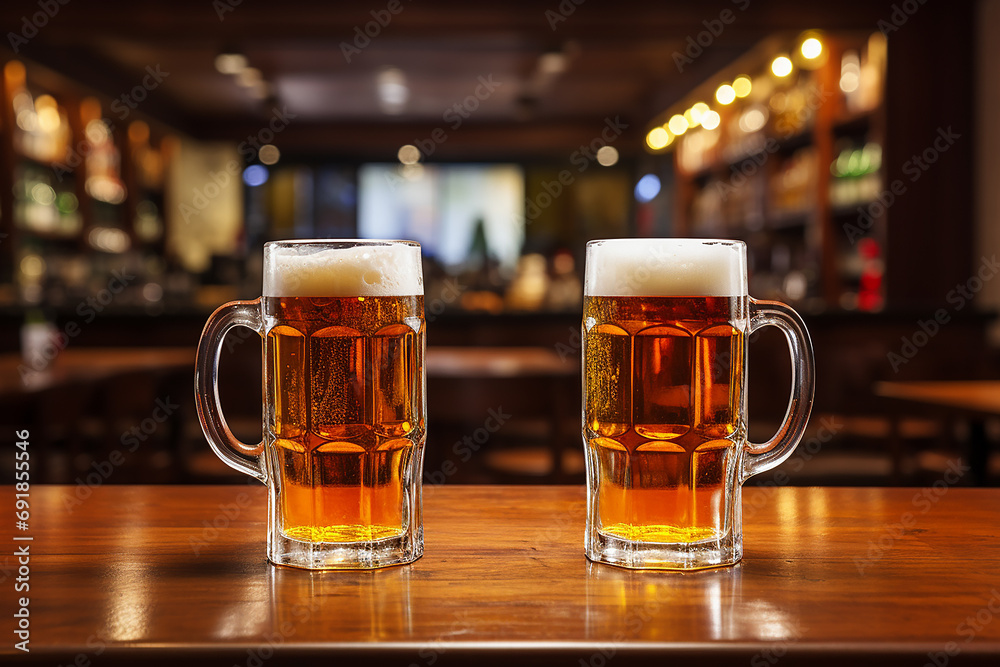 Two glasses of fresh frothy beer on wooden background in bar