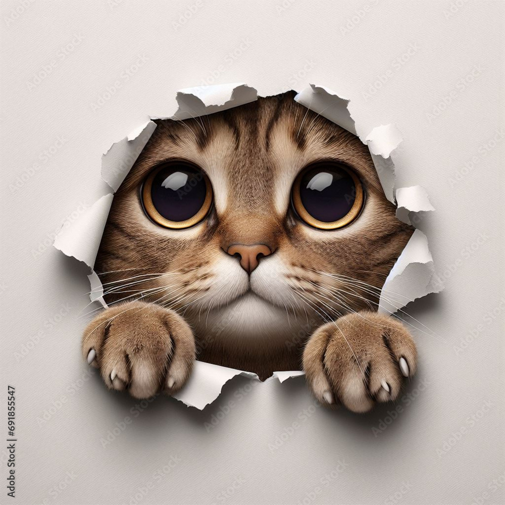 Cat peeking through a gap in torn paper　破れた紙の隙間からこっちを見る猫 - obrazy, fototapety, plakaty 