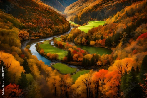 A meandering river carving its way through a lush valley blanketed in vibrant autumn foliage.